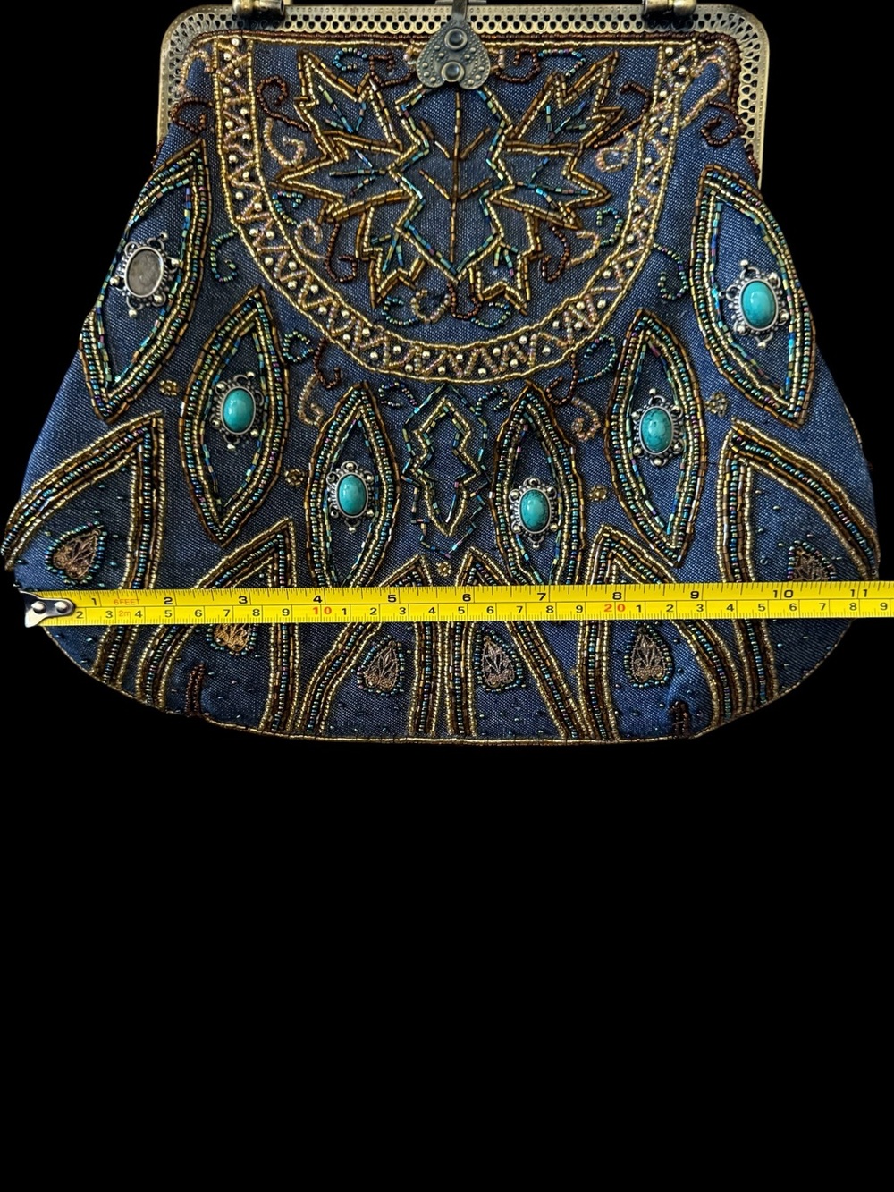 Vintage Beaded Evening Bag Blue Jeweled Frame Purse Art Deco Boho Statement Hbag - Picture 2 of 7